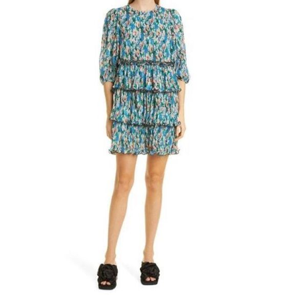 GANNI Floral Layered Plissé Georgette Dress In Floral Size 44 - Picture 1 of 9